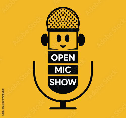 Charming cartoon microphone character promoting an open mic show event