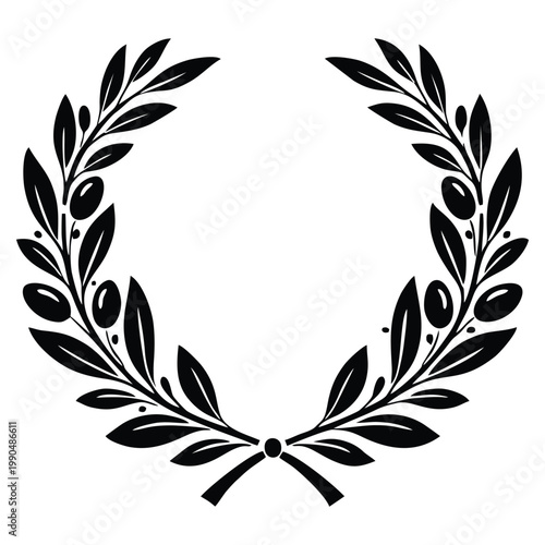 Elegant Olive Branch Laurel Wreath Silhouette Black Vector Victory and Peace Symbol