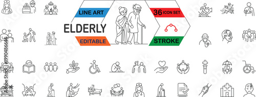 Elderly Care and Senior Lifestyle web Line Icons Set - Editable Stroke Vector Collection for Healthcare, Retirement, Nursing Home, Medical Assistance, Pension, and Old Age Support, illustration.