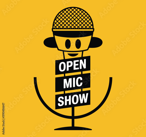 Colorful cartoon microphone with 'open mic show' text a vibrant performance illustration