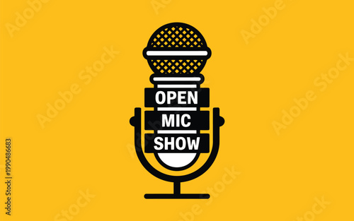 Vintage style open mic show microphone illustration on a bright orange background