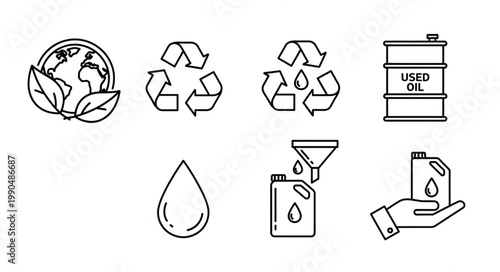 Set of icons representing environmental conservation and oil recycling.