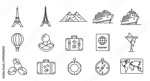 Collection of travel icons including landmarks and travel essentials.
