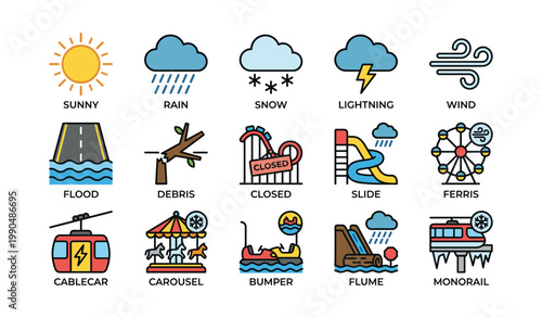 Weather and park closure icons arranged in grid on white background