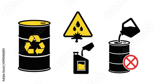 Hazardous Waste Drums and Warning Symbols Illustration.