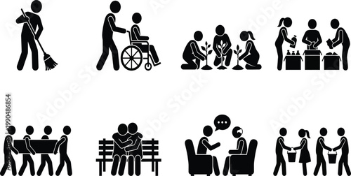 Illustrations depicting various community service and support activities Vector