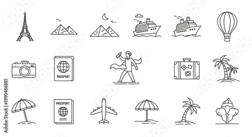 Collection of travel and vacation icons in sketch style.