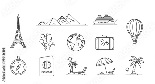 Collection of travel and vacation icons in sketch style.