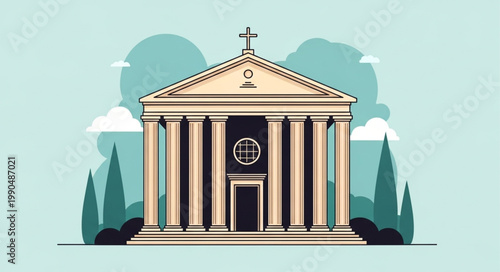 Classical Church Building With Columns and Cross.