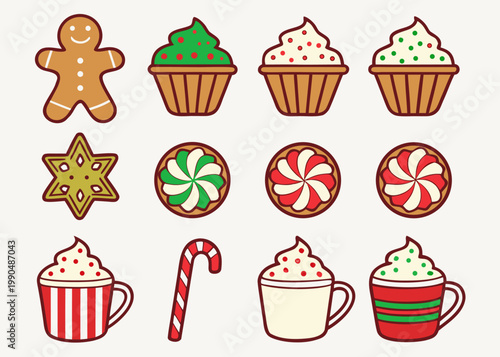 A set of twelve holiday food illustrations includes a gingerbread man cupcakes peppermint cookies a candy cane and mugs of hot cocoa with whipped cream.