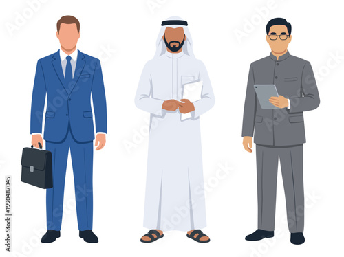 Three businessmen diverse ethnicities formal attire standing together. Caucasian man blue suit holding briefcase, Arab man white robe holding documents, Asian gray suit tablet. Professional attire