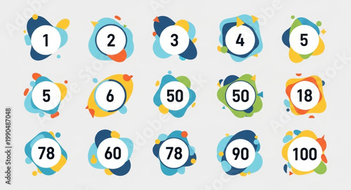 Collection of colorful abstract shapes with numbers inside.