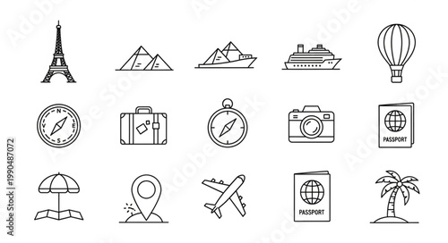 Travel Icons Collection Featuring Landmarks Transportation and Accessories.