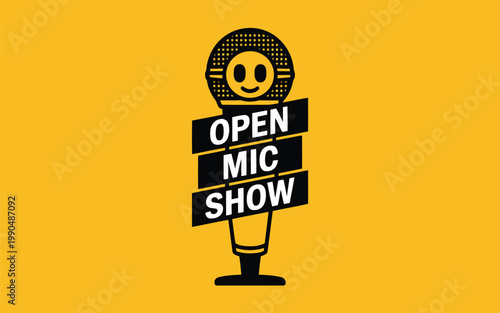 Colorful open mic show advertisement with smiling microphone character