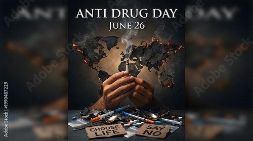 Anti drug day with hands holding cigarette and world map on fire