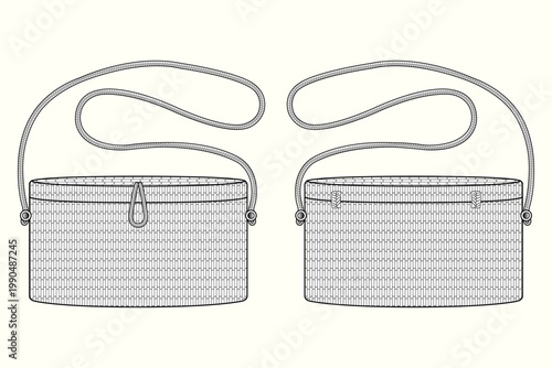 Structured Woven Bucket Shoulder Bag with Drawstring Closure and Rope Strap – Technical Flat Sketch