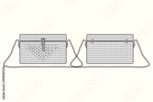 Handwoven Flap Crossbody Bag with Textured Panel and Rope Strap – Front and Back Technical Flat Sketch