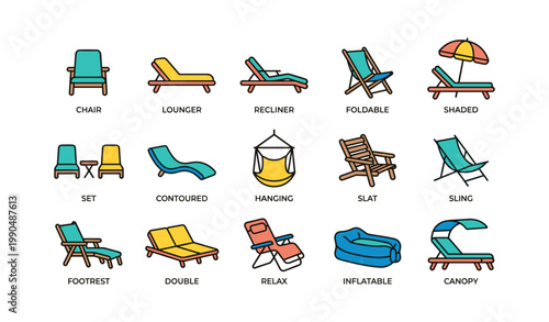 Lounge and deck chair icons arranged in grid on white background