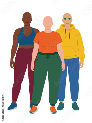 Three diverse bald woman girl stand together. Middleaged wearing casual clothing, including sportswear, hoodie. Expressing confidence, unity, strength. Isolated white background, vector