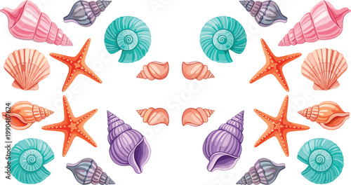 Colorful Seashells and Starfish Vector Illustration Set with Conch Nautilus Scallop and Spiral Shells in Pink Turquoise Purple for Summer Beach Coastal and Nautical Designs