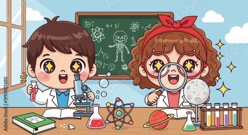 Cute children conducting science experiments in a classroom with a chalkboard and science tools