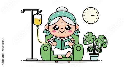 Cute elderly woman with medical IV drip reading a book and relaxing on a sofa at home with a clock and houseplant