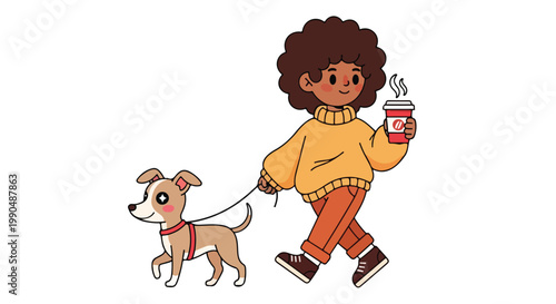 Young woman walking her dog while enjoying a refreshing drink on a sunny day, casual outdoor scene with cheerful mood