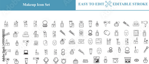 Makeup icon set collection of cosmetic product symbols for beauty and personal care editable stroke design elements ideal for fashion and style related projects.