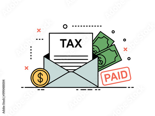 Tax payment concept with envelope money coin and paid stamp