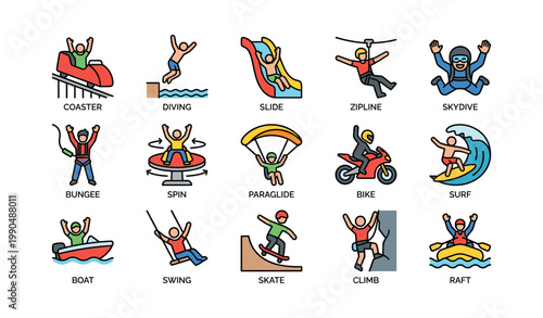 Adventure icons of outdoor sports and activities on white background
