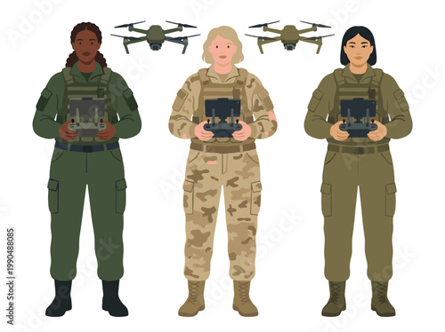 Three diverse military drone operators controlling flying UAVs tan camouflage uniform, isolated white background. Confident soldiers piloting surveillance drones teamwork coordinated mission. Women