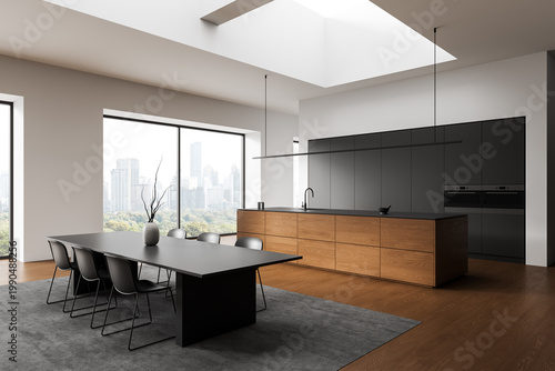 Modern minimalist kitchen interior with wooden island, sleek dark cabinetry, spacious dining area and large windows overlooking cityscape. 3D Rendering