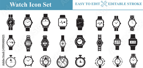 Watch icon set easy to edit editable stroke vector graphics for timekeeping accessories and wearable technology smart watches analog watches digital watches chronographs time measurement historical.