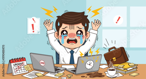 Overwhelmed businessman in office surrounded by cluttered desk and multiple screens showing stress and frustration