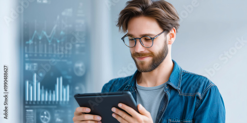 Young entrepreneur excited checking profit growth analytics on tablet in modern office with bright environment representing financial success and achievement concept