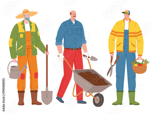 Three men gardening tools soil vegetables. Caucasian farmers overalls gloves watering spade wheelbarrow isolated white background. Autumn winter harvest yellow jacket hat fresh produce basket
