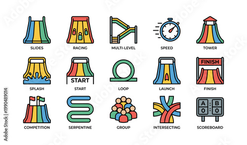 Water slide and park attraction icons arranged on white grid