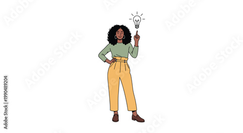 Confident black woman vector illustration pointing to a glowing lightbulb idea on white background. on white background