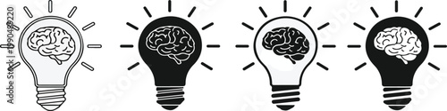 Brain in light bulb icon set. Creative, generating idea, solution , knowledge, lamp - stock vector..eps