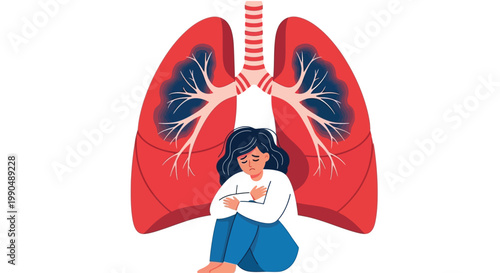 Sad woman suffering from breathing difficulties and lung health issues shown in vector on white background