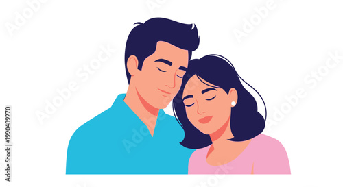 Peaceful loving couple embracing with closed eyes in a tender vector illustration design on white background. on white background