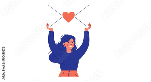 Smiling girl holds a large romantic envelope with a heart icon on white background