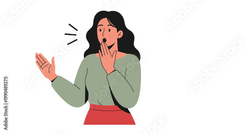 Surprised woman covering her mouth in shock while gesturing with her hand on white background