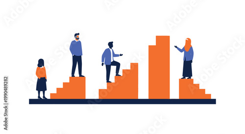 Business professionals climbing colorful stairs to reach higher career goals shown as vector on white background