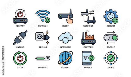 Network and restart icons displayed in grid on white background