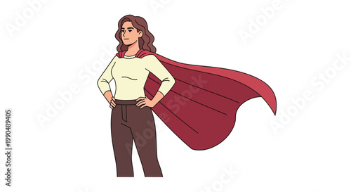 Empowered professional woman with flowing red cape standing confidently on white background. on white background