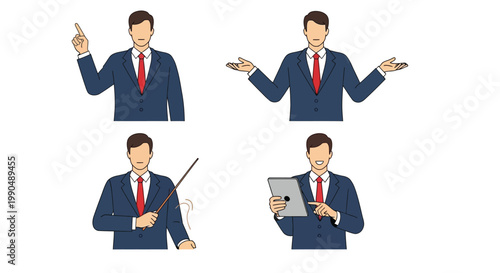 Four vector graphic businessmen in suits demonstrating different gestures and digital interactions on white background. on white background