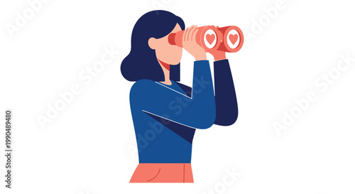Young woman looking through romantic heart binoculars for love as a vector illustration on white background