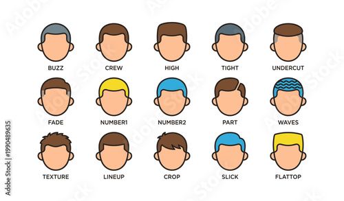 Collection of male hairstyle icons showing various cuts on white