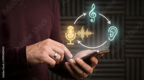 Music theorist using smartphone with vocal harmony analysis holographic interface